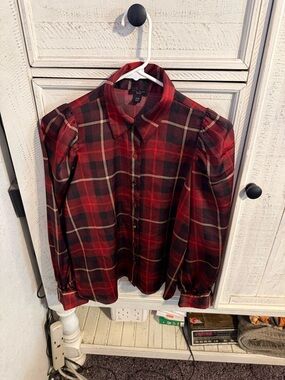Ann Taylor Red and Black Plaid Button-Up Blouse